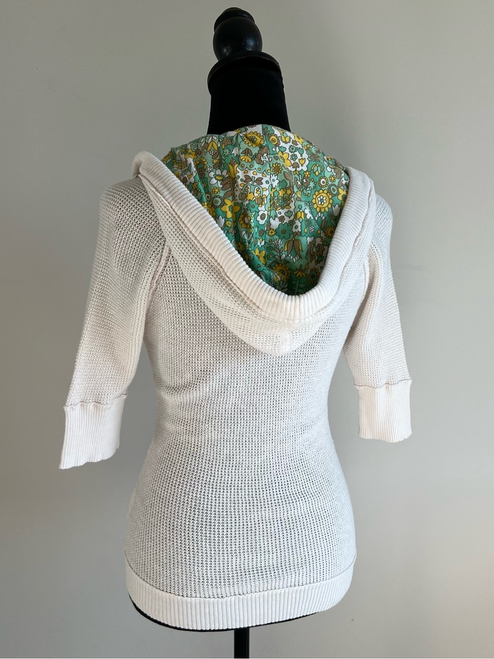 Roxy Y2K Cream Hooded Button-Front Knit Cardigan with Floral-Lined Hood